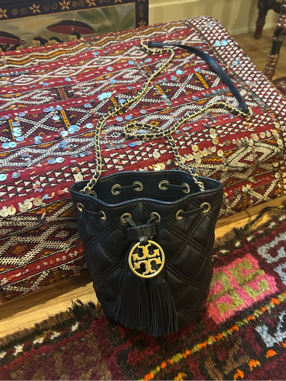 Tory Burch Flemming Mini Black Quilted Leather Bucket Bag with Tassels - Picture 6 of 14